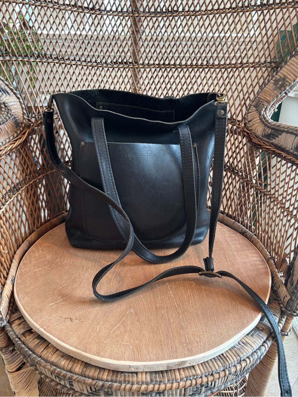 Portland Leather Black Shoulder Tote with Adjustable Crossbody Strap